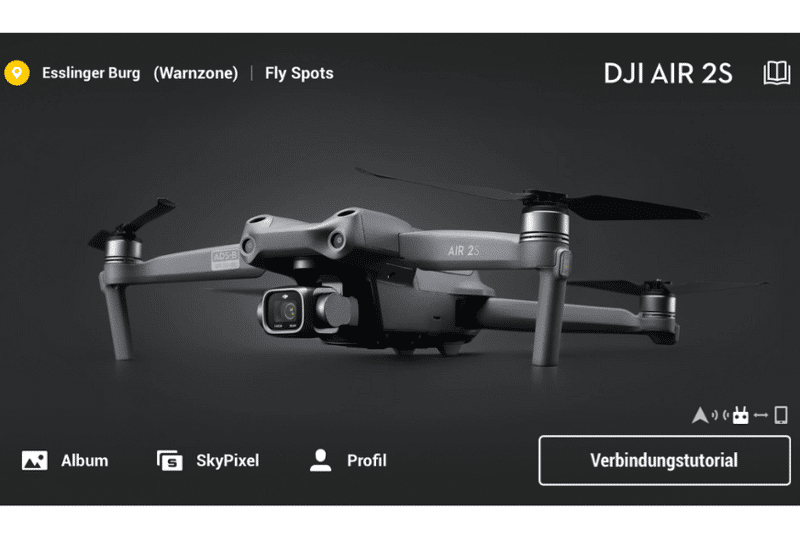 Die DJI Air 2S Drohne ist mit der DJI Fly App verbunden und bereit zum Flug.